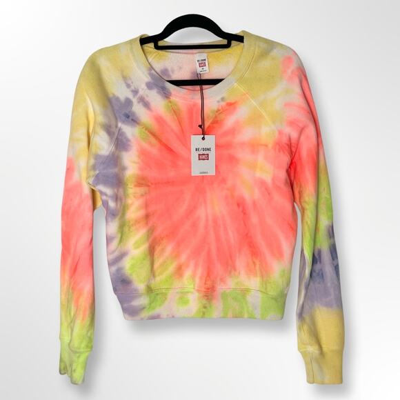 New Re/Done by Hanes Classic Raglan Crewneck Sweatshirt Neon Tie Dye - Picture 1 of 4